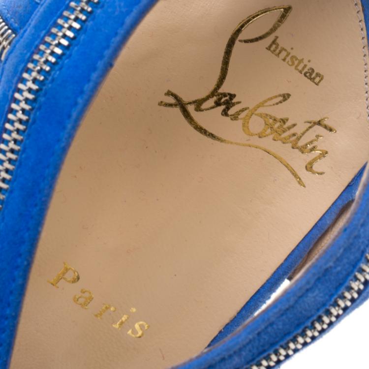 Pre Owned Christian Louboutin Blue Suede Rodita Zipper Detail Cross Strap Platform Sandals Size 39