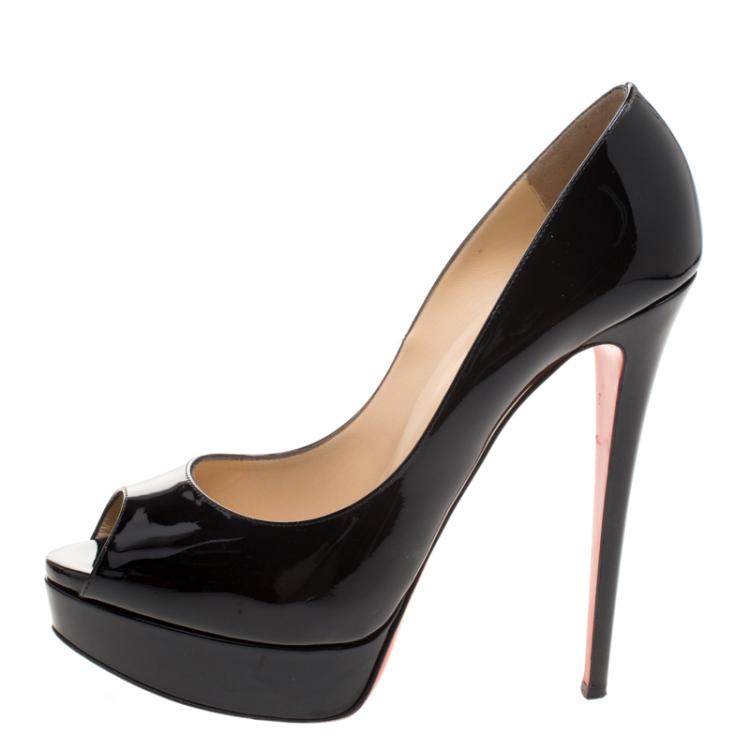 Pre Owned Christian Louboutin Black Patent Leather Lady Peep Platform Pumps Size 41