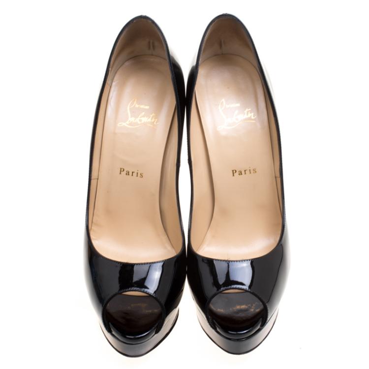 Pre Owned Christian Louboutin Black Patent Leather Lady Peep Platform Pumps Size 41