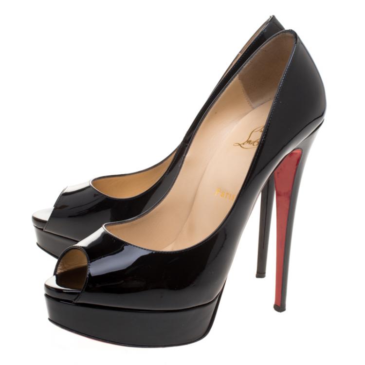 Pre Owned Christian Louboutin Black Patent Leather Lady Peep Platform Pumps Size 41