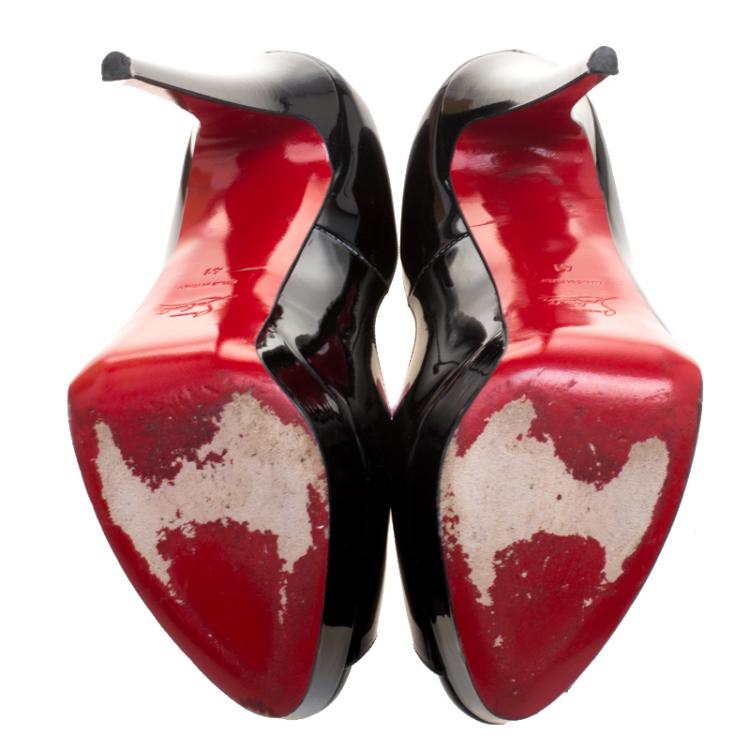 Pre Owned Christian Louboutin Black Patent Leather Lady Peep Platform Pumps Size 41