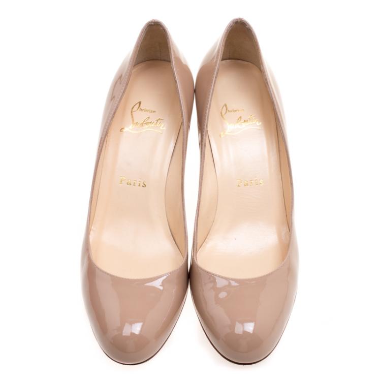 Pre Owned Christian Louboutin Beige Patent Leather Simple Pumps Size 38