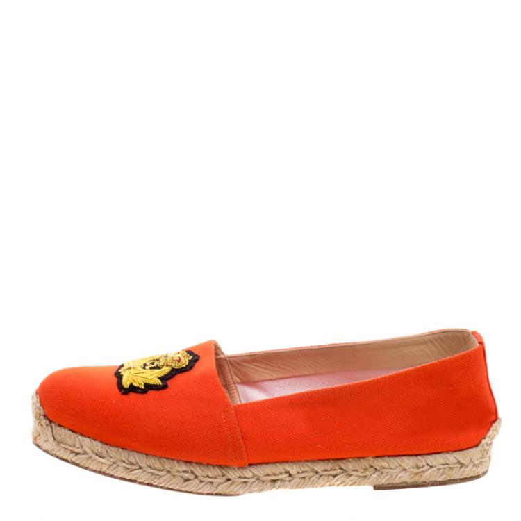 Pre Owned Christian Louboutin Orange Canvas Gala Embroidered Crest Espadrille Loafers Size 38