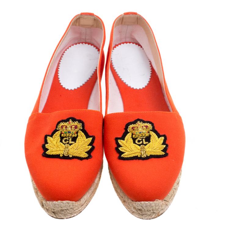 Pre Owned Christian Louboutin Orange Canvas Gala Embroidered Crest Espadrille Loafers Size 38