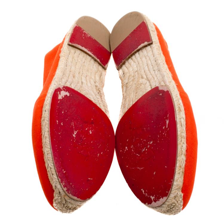 Pre Owned Christian Louboutin Orange Canvas Gala Embroidered Crest Espadrille Loafers Size 38