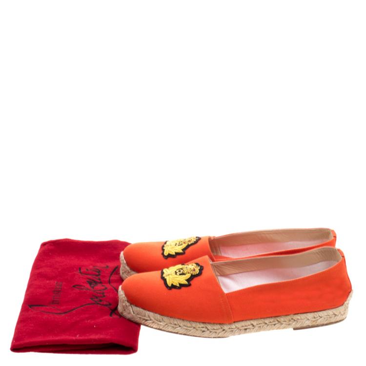 Pre Owned Christian Louboutin Orange Canvas Gala Embroidered Crest Espadrille Loafers Size 38