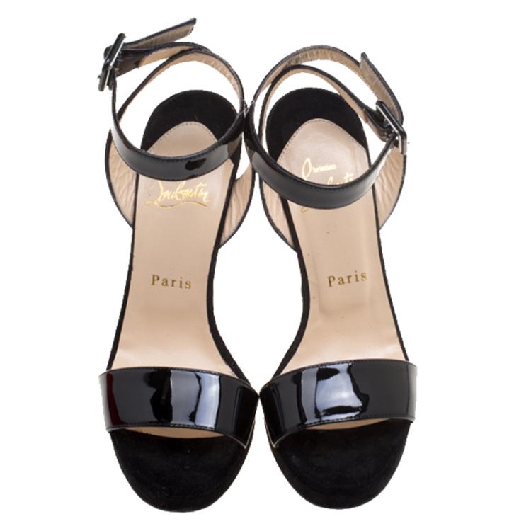 Pre Owned Christian Louboutin Black Suede And Patent Leather Djaldos Spechio Ankle Strap Wedges Size 36