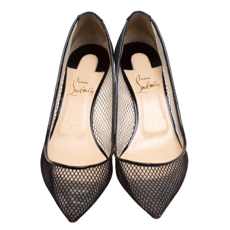 Pre Owned Christian Louboutin Black Mesh Follies Resille Pointed Toe Pumps Size 38.5