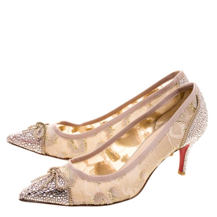 Pre Owned Christian Louboutin Beige Glitter Lace Crystal Embellished Candy Pumps Size 39