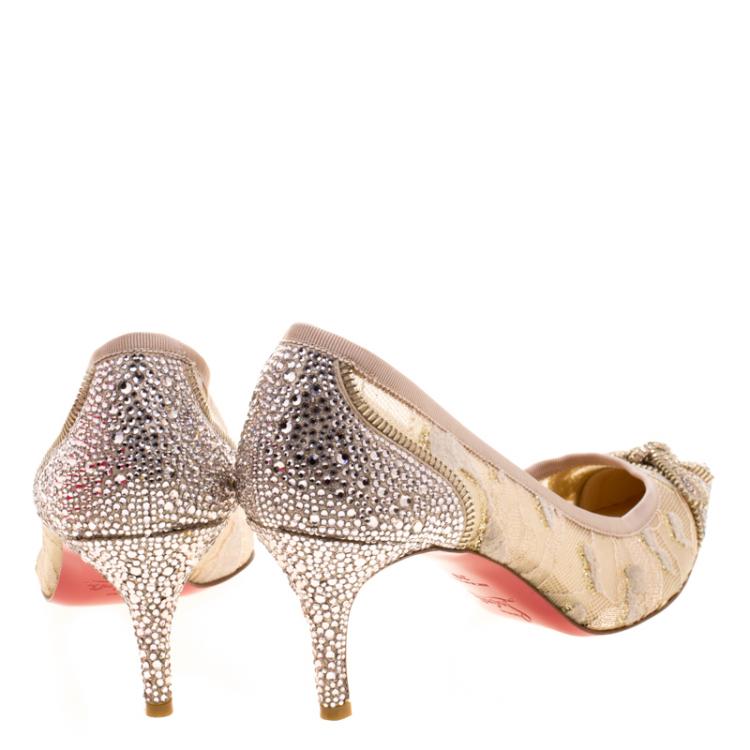 Pre Owned Christian Louboutin Beige Glitter Lace Crystal Embellished Candy Pumps Size 39