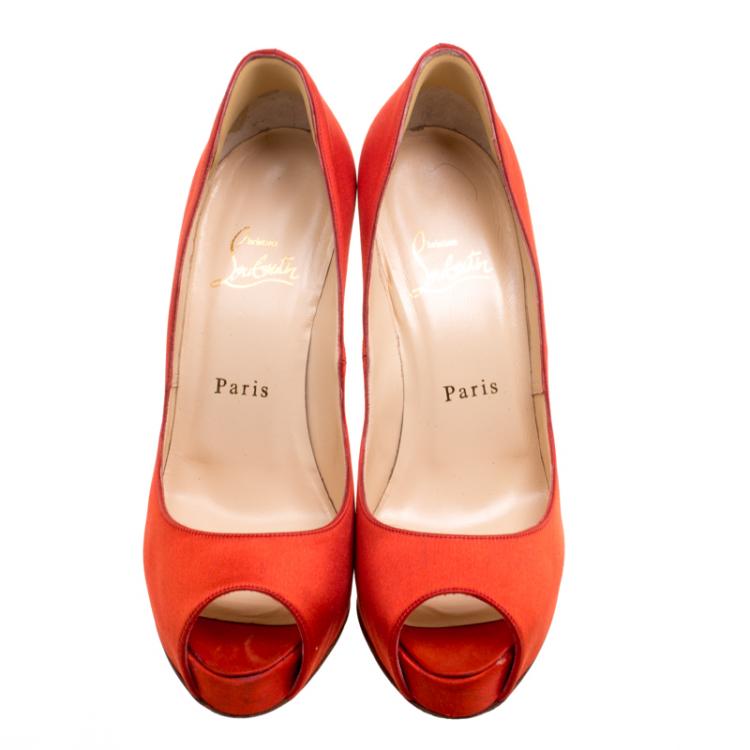 Pre Owned Christian Louboutin Orange Satin Very Prive Peep Toe Platform Pumps Size 38