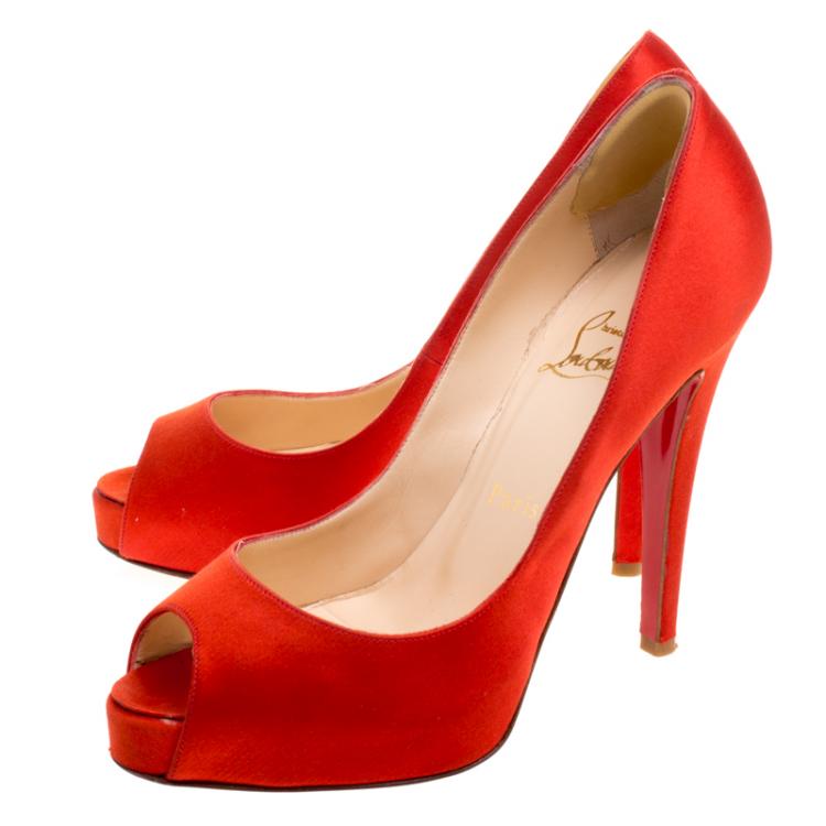 Pre Owned Christian Louboutin Orange Satin Very Prive Peep Toe Platform Pumps Size 38