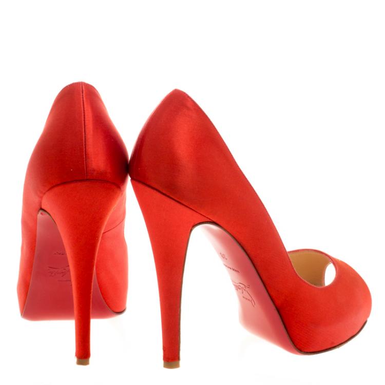 Pre Owned Christian Louboutin Orange Satin Very Prive Peep Toe Platform Pumps Size 38