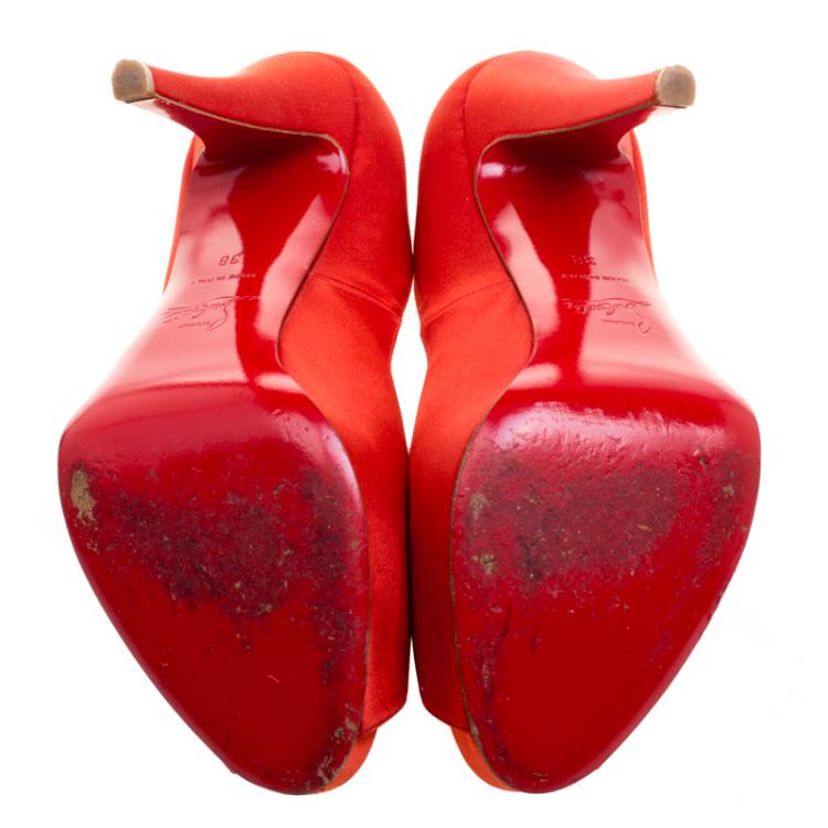 Pre Owned Christian Louboutin Orange Satin Very Prive Peep Toe Platform Pumps Size 38
