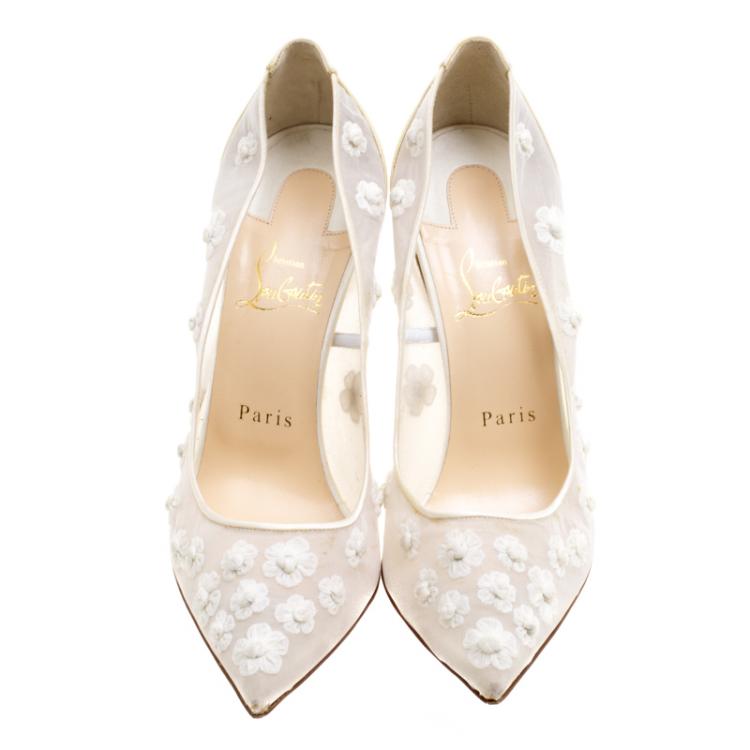 Pre Owned Christian Louboutin Off White Floral Embellished Silk Marguerite Pointed Toe Pumps Size 37.5