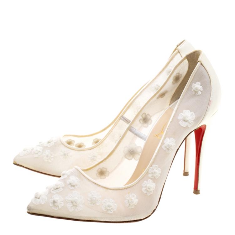 Pre Owned Christian Louboutin Off White Floral Embellished Silk Marguerite Pointed Toe Pumps Size 37.5