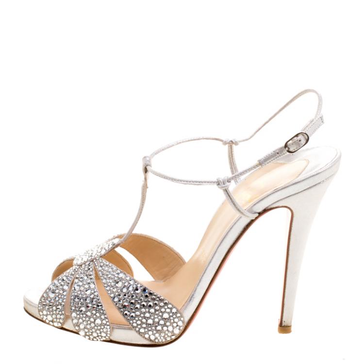 Pre Owned Christian Louboutin Metallic Silver Crystal Studded Margi Diams Sandals Size 37.5