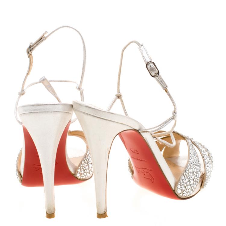 Pre Owned Christian Louboutin Metallic Silver Crystal Studded Margi Diams Sandals Size 37.5