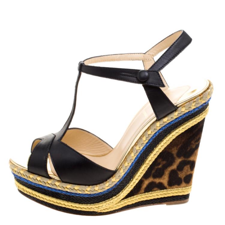 Pre Owned Christian Louboutin Black Leather T Strap Trotolita Calf Hair Wedge Sandals Size 39