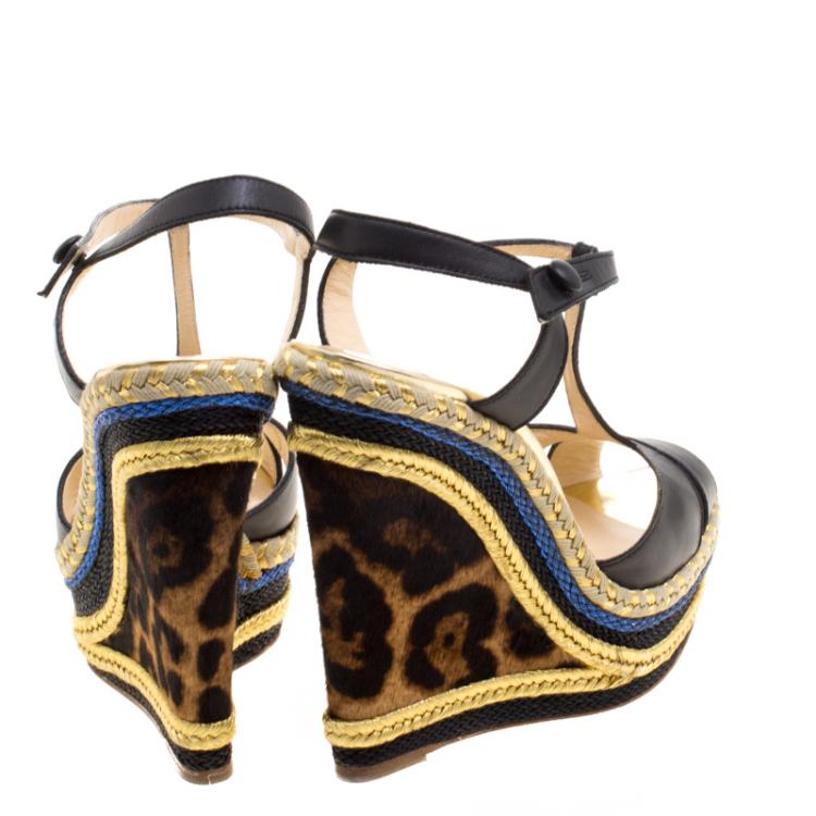 Pre Owned Christian Louboutin Black Leather T Strap Trotolita Calf Hair Wedge Sandals Size 39