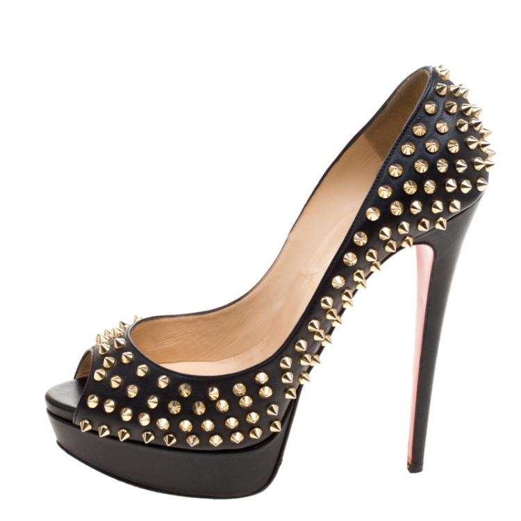 Pre Owned Christian Louboutin Black Leather Lady Peep Spikes Platform Pumps Size 42