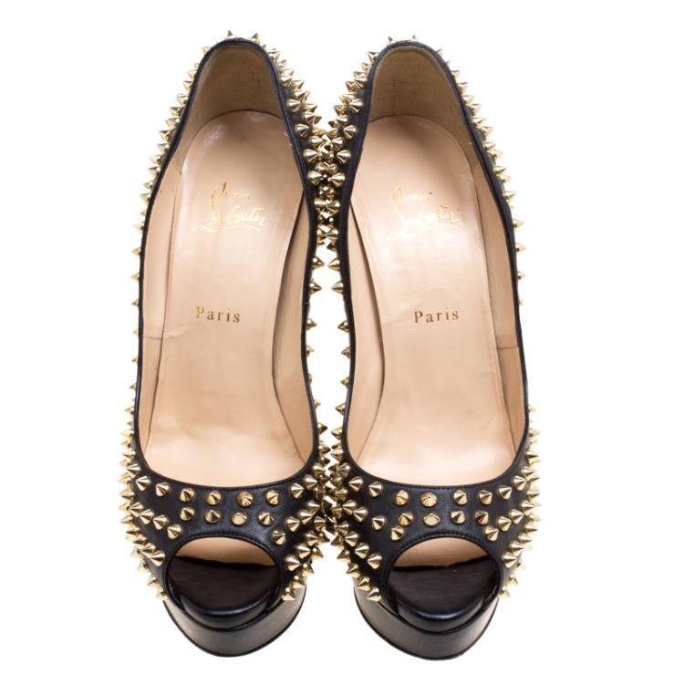 Pre Owned Christian Louboutin Black Leather Lady Peep Spikes Platform Pumps Size 42