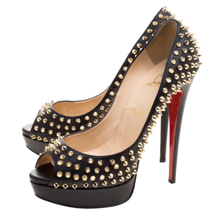 Pre Owned Christian Louboutin Black Leather Lady Peep Spikes Platform Pumps Size 42