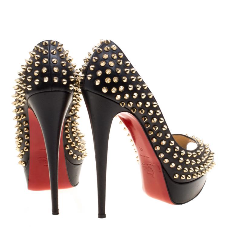 Pre Owned Christian Louboutin Black Leather Lady Peep Spikes Platform Pumps Size 42