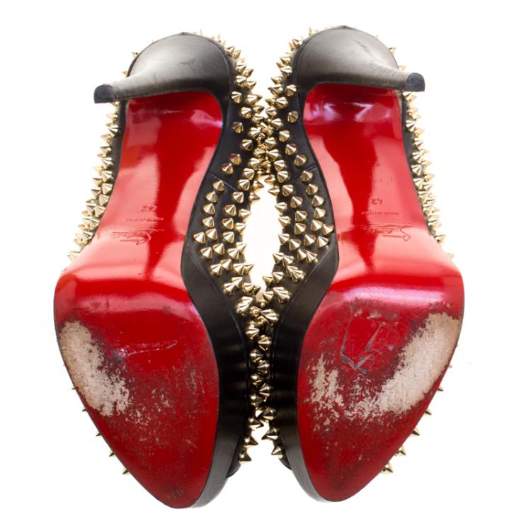 Pre Owned Christian Louboutin Black Leather Lady Peep Spikes Platform Pumps Size 42