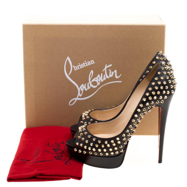 Pre Owned Christian Louboutin Black Leather Lady Peep Spikes Platform Pumps Size 42