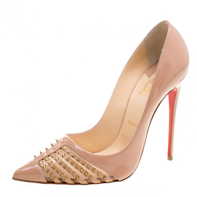 Pre Owned Christian Louboutin Beige Patent Leather Bareta Spikes Pointed Toe Pumps Size 41