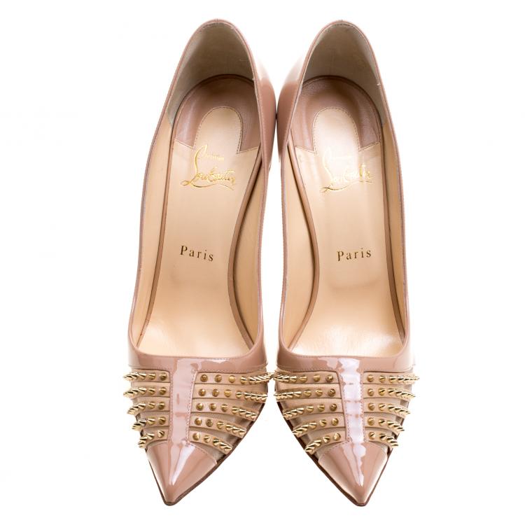 Pre Owned Christian Louboutin Beige Patent Leather Bareta Spikes Pointed Toe Pumps Size 41