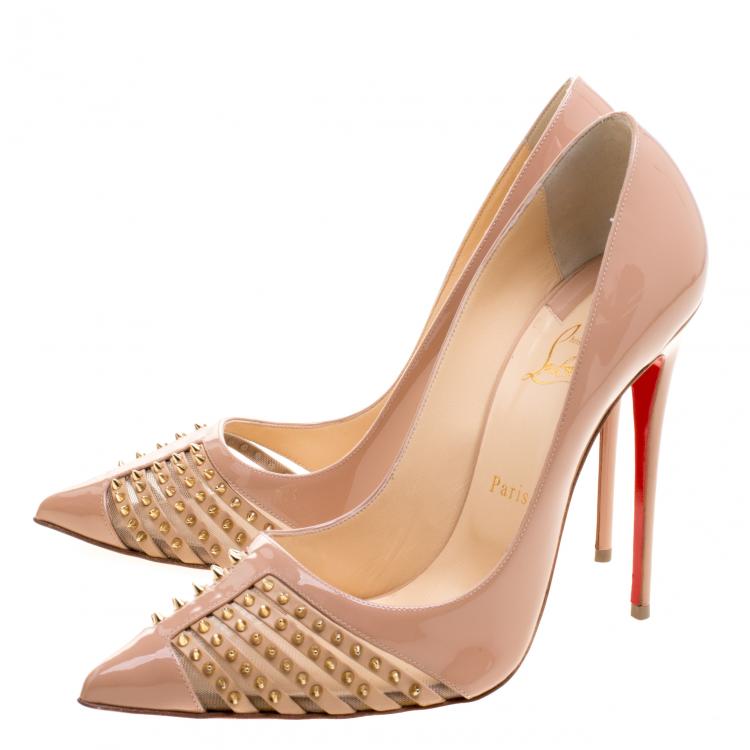 Pre Owned Christian Louboutin Beige Patent Leather Bareta Spikes Pointed Toe Pumps Size 41