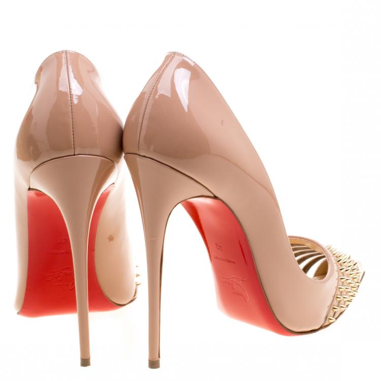 Pre Owned Christian Louboutin Beige Patent Leather Bareta Spikes Pointed Toe Pumps Size 41