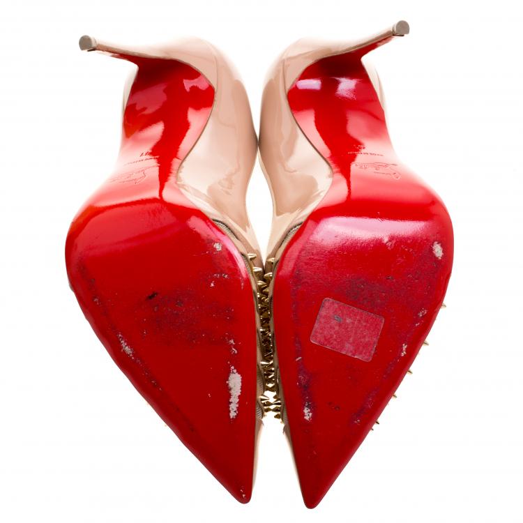 Pre Owned Christian Louboutin Beige Patent Leather Bareta Spikes Pointed Toe Pumps Size 41