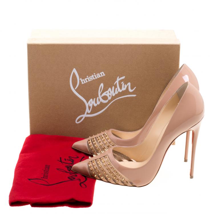 Pre Owned Christian Louboutin Beige Patent Leather Bareta Spikes Pointed Toe Pumps Size 41