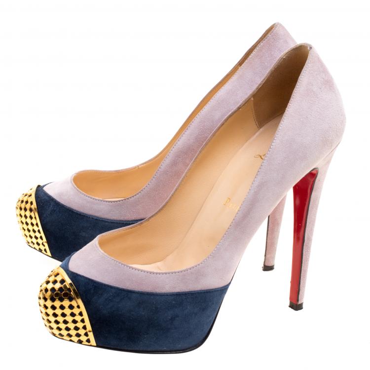 Pre Owned Christian Louboutin Two Tone Suede Maggie Embellished Cap Toe Platform Pumps Size 38.5
