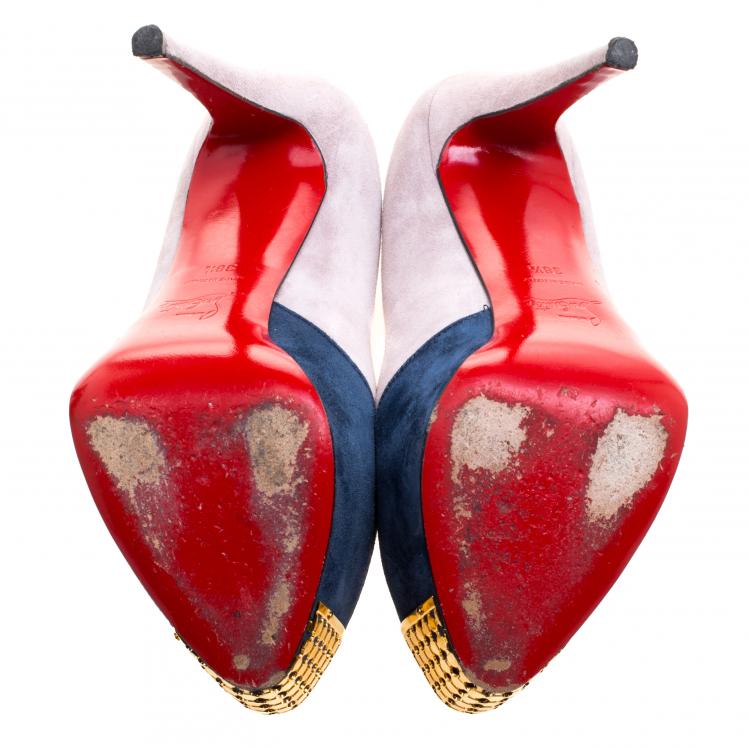 Pre Owned Christian Louboutin Two Tone Suede Maggie Embellished Cap Toe Platform Pumps Size 38.5