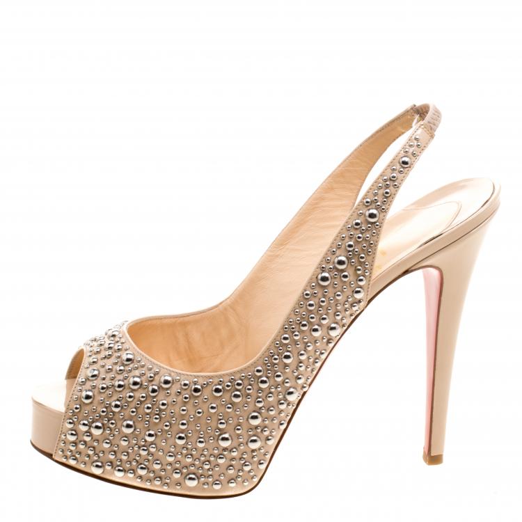 Pre Owned Christian Louboutin Beige Studded Patent Leather Star Prive Peep Toe Slingback Sandals Size 39