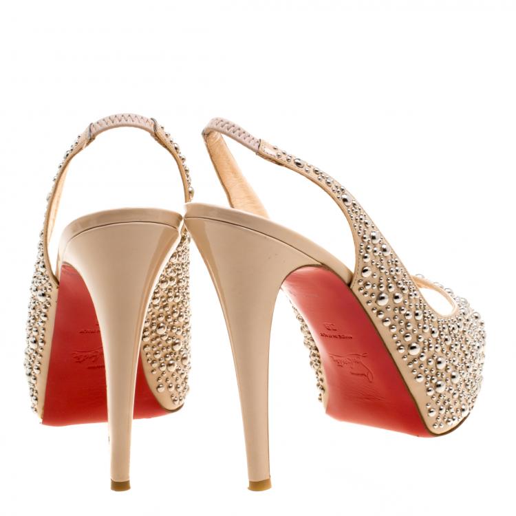 Pre Owned Christian Louboutin Beige Studded Patent Leather Star Prive Peep Toe Slingback Sandals Size 39