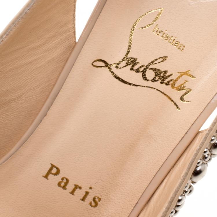 Pre Owned Christian Louboutin Beige Studded Patent Leather Star Prive Peep Toe Slingback Sandals Size 39