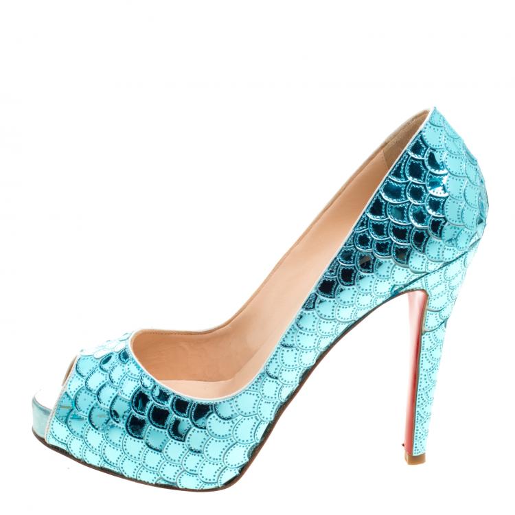 Pre Owned Christian Louboutin Metallic Blue Scaled Leather Poseidon Peep Toe Pumps Size 38.5