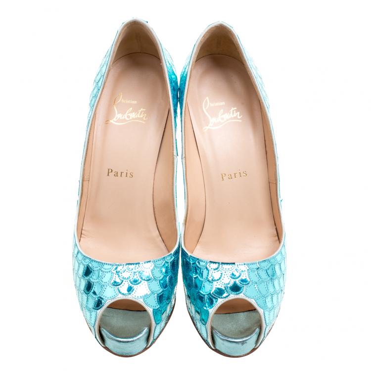Pre Owned Christian Louboutin Metallic Blue Scaled Leather Poseidon Peep Toe Pumps Size 38.5