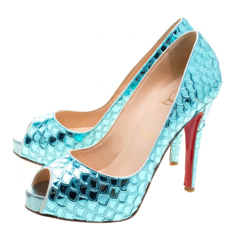 Pre Owned Christian Louboutin Metallic Blue Scaled Leather Poseidon Peep Toe Pumps Size 38.5