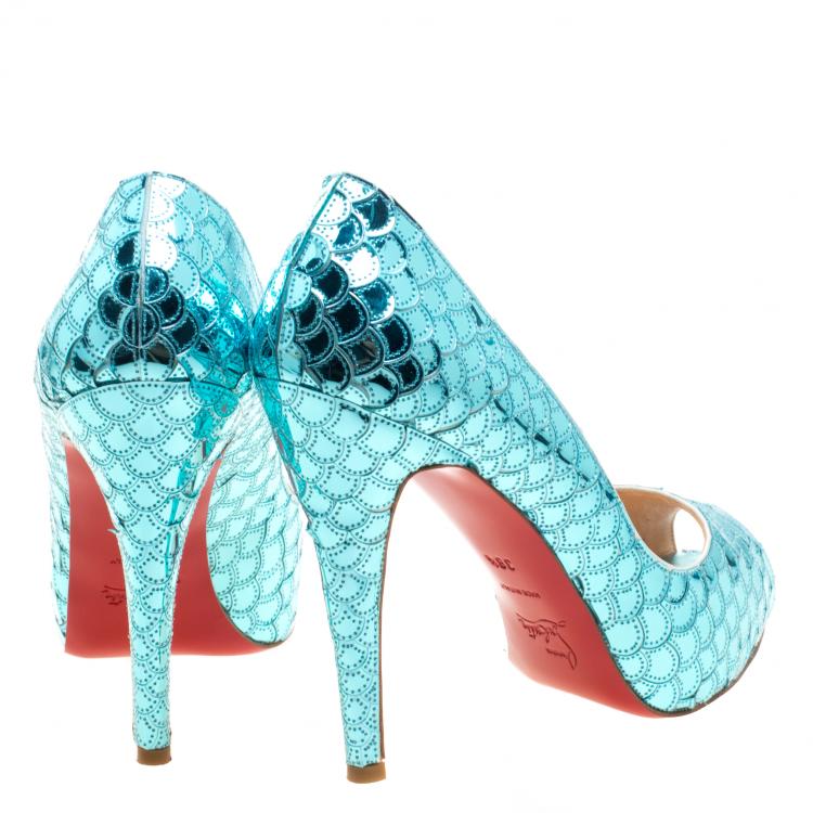 Pre Owned Christian Louboutin Metallic Blue Scaled Leather Poseidon Peep Toe Pumps Size 38.5