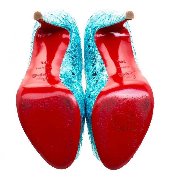 Pre Owned Christian Louboutin Metallic Blue Scaled Leather Poseidon Peep Toe Pumps Size 38.5
