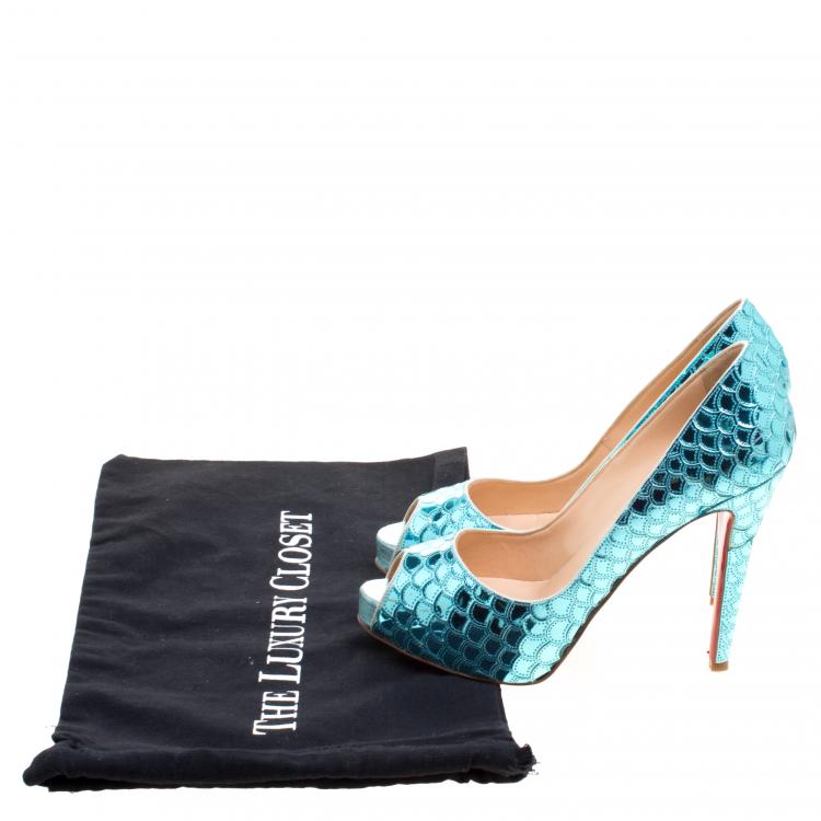 Pre Owned Christian Louboutin Metallic Blue Scaled Leather Poseidon Peep Toe Pumps Size 38.5