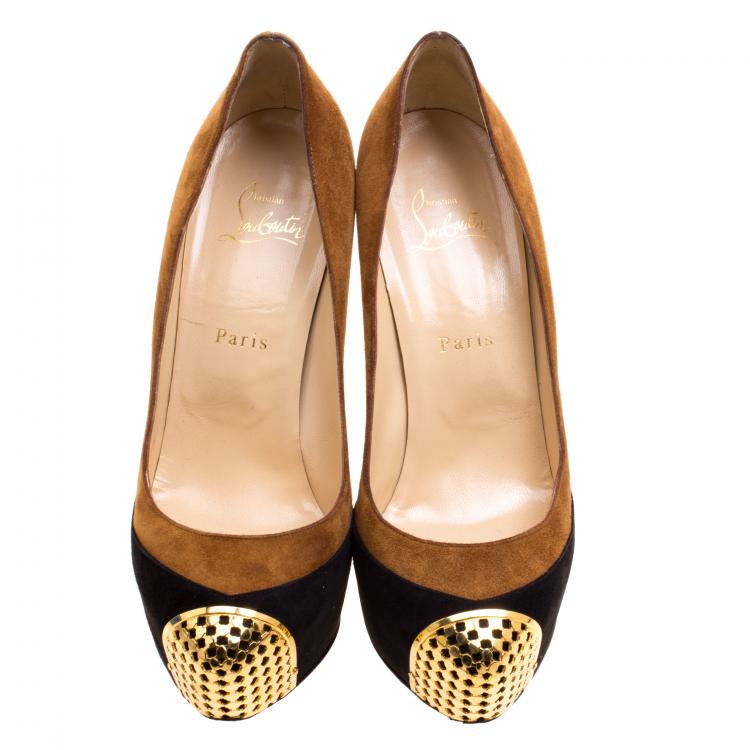 Pre Owned Christian Louboutin Two Tone Suede Maggie Embellished Cap Toe Platform Pumps Size 39