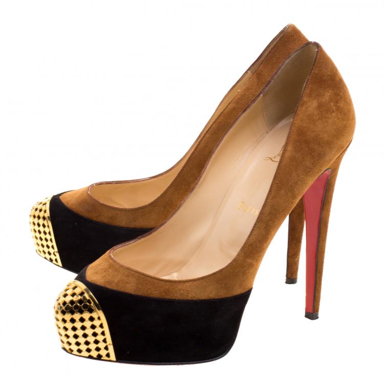 Pre Owned Christian Louboutin Two Tone Suede Maggie Embellished Cap Toe Platform Pumps Size 39