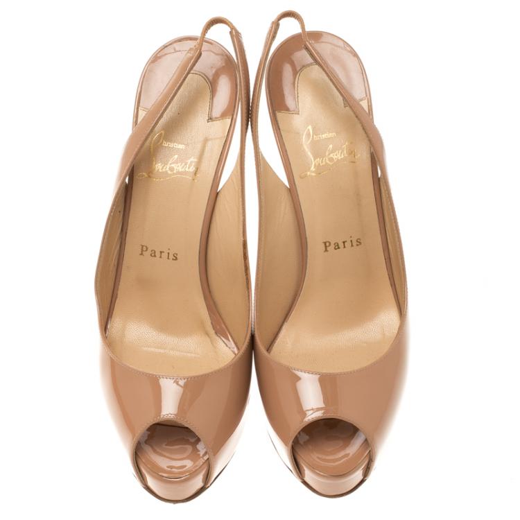 Pre Owned Christian Louboutin Beige Patent Leather Private Number Peep Toe Slingback Sandals Size 39.5